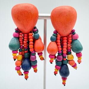 Vintage Colorful Wood Bead Tassel Cha Cha Earrings Big Statement Chunky Fun Bold